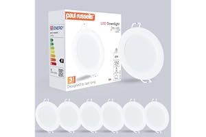 paul russells LED Ceiling Downlights, 6W Slim Recessed Bathroom Downlights, Kitchen Ceilings, 550 Lumens, 6500K Bright Daylight, Cutout 85-95mm, Round Non-Dimmable Panel Spotlights, 6 Packs