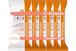 INEOS HYGIENICS INEOS Lingettes Multi-Surfaces, Compostables, Efficace Contre La Graisse Et Le Calcaire, Elimine 99.9% Des Virus Et Des Bactéries, Parfum Pomelo et Yuzu, 6 x 60 Lingettes