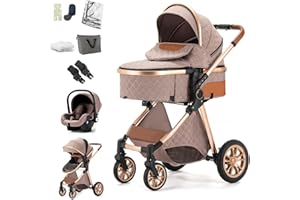 BEBBY Poussettes 3 en 1 Citadines Poussettes Combinées Poussette Poussettes Combinée Portable Pliant en Un Clic Poussette Canne Paysage Haut Cadre en Aluminium Pour Nouveau-né 0-36