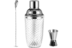 PENBINMALL Glas Cocktailshaker, 400ml Cocktail Shaker Set, Cocktail Mixer Silber Cocktail Shaker Glas Edelstahl Mixer mit Edelstahl Messbecher & Schaufel, Gläser Shaker für Zuhause Bar, Silber, Diamantform
