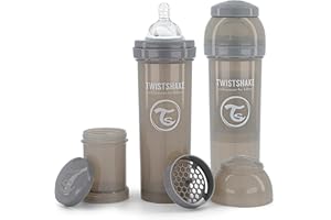 Twistshake 2x Antykolkowa Butelka Dla Niemowląt Z Pojemnikiem Na Mleko W Proszku I Mikserem - 330ml | Silikonowy Smoczek O Szybkim Przepływie | Bez BPA | 4m+ | Szary