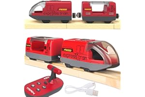 TOPLIVING Motorisierter Holzschienenzug, Ferngesteuerter Zug mit Magnetverbindung, Batteriebetriebene Lokomotivzüge für Kleinkinder, Kompatibel mit Thomas, Brio, Chuggington (Rot)