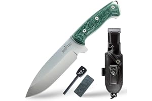 JEO-TEC Nº39 - Cuchillo Supervivencia Caza Monte bushcraft Camping Outdoor Campo - Funda de Piel o kydex con pedernal y Piedra afilar incluidos - Acero MOVA 58 - Fabricado en España