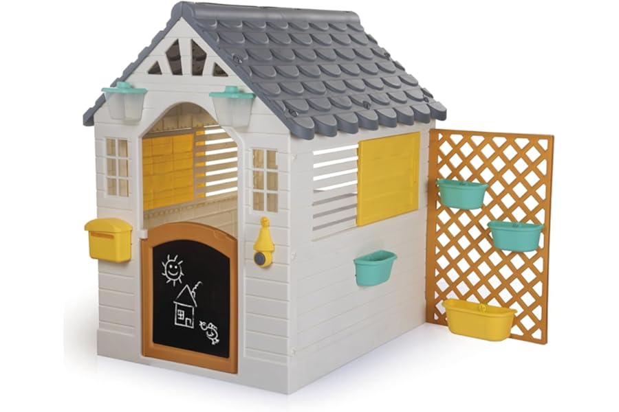 Dolu Garden Playhouse with Fence – Sturdy Outdoor Play House for Kids, 127 x 140 x 107.5 cm, White and Grey