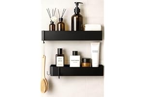 Generisch AVENDO Badregal ohne Bohren – 2er Set aus rostfreiem Metall – Duschablage in edlem matt-schwarz inkl. 4 Haken – Stabiles Duschregal selbstklebend (bis 6 kg) für Bad & Küche