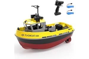 TECH RC Remote Control Boat 2.4 Ghz Waterproof 1:72 Remote Control Tugboat for Adults and Children RC Boat for Kids Two Rechargeable Batteries 40 Minutes of Play Summer Outdoor Aquatic Toy Gift (Yellow)