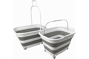 SAMMART Cesta plegable de plástico para la ropa sucia de 35 litros con asa y ruedas, contenedor de almacenamiento plegable y bañera de lavado, ahorro de espacio (2, blanco/gris)