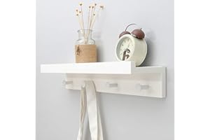 UNBEKANNT Bamboo Wall Shelf with Hooks, Coat Rack and Hooks, Floating Shelves for Storage, for Hallway, Bathroom, Living Room, Bedroom, Bamboo, White, 48.5 x 12 x 8 cm