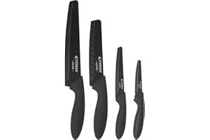 Viners Assure 4 Piece Knife Set Stainless Steel Blades with Squared Tips for Safety, Soft Grip Handles, Non-Stick Coating, Rust-Resistant, Includes Chef’s, Santoku, Utility & Paring Knives