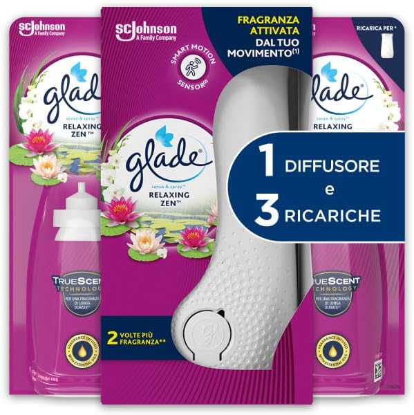 Glade Sense & Spray, Profumatore per Ambienti con Oli Essenziali e Sensore di Movimento, Fragranza Relaxing Zen, 1 Base + 3 Ricariche