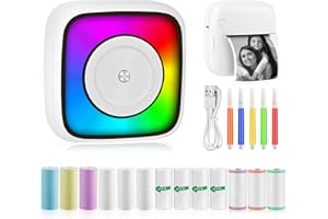 GuKKK Mini Printer, Mobile Photo Printer, Portable Mini Photo Printer with Seven Colours LED, Wireless Photo Printer, Thermal Printer, Smartphone Bluetooth Printer, for Learning Aid, Learning Notes,