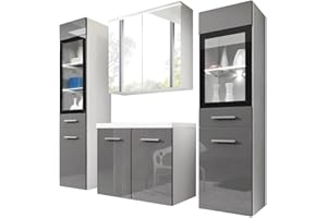 MIRJAN24 Udine II - Set di mobili da bagno con lavabo e sifone, bagno moderno, completo, con specchio, mobiletto per lavabo, armadietto alto, con illuminazione LED bianca, colore bianco e grigio lucido