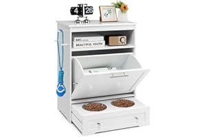 GOPLUS Meuble de Rangement pour Animaux de Compagnie avec 2 Gamelles en Acier Inoxydable, Armoire d’Alimentation avec Grand Espace et Dispositif Antidumping, Meuble pour Chat ou Petit Chien
