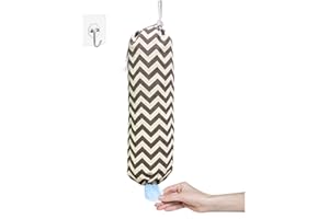 HIZH Plastic Bag Holder,Grocery Bag Dispenser Wall Mount Plastic Bag Organizer,Washable Large Grocery Bag Storage Dispenser ​for Home Kitchen, Free Adjustment with Drawstring,22x9", Stripes-brown