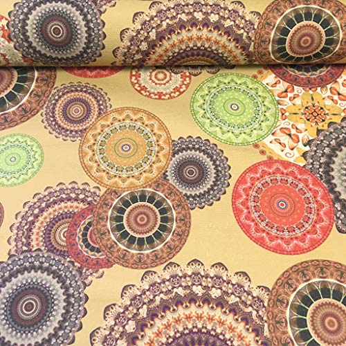 Tissu d'ameublement au mètre - Coton imprimé - Largeur 140 cm - Longueur au choix par 50 cm | Mandalas. Brun doré, orange, vert