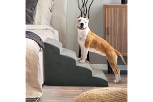 A.FATI Hundetreppe Bett, 4 Stufen Hunderampe aus hochdichtem Schaumstoff für Couch|Sofa|, rutschfeste Haustiertreppe 50cm Hoch für Kleine Hunde - mit Hundespielzeug Seil (grau)