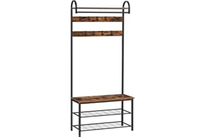 ‎HOOBRO Hoobro coat stand, with upper shelf and clothes rail, 9 movable coat hooks and a bench, clothes rack with a shoe rack, metal frame, hallway, living room, EBF13MT01