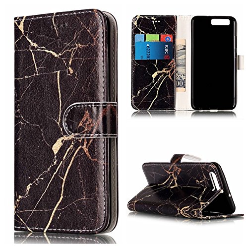 Preisvergleich Produktbild Lonchee Schutzhülle / Cover / Handyhülle / Ledertasche / Brieftasche Etui für Huawei P10 Marmormuster Gemalte Muster Design Folio PU Leder Tasche Case Hülle im BookStyle mit PU Leder Hülle Wallet Case – schwarzes Gold