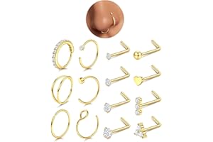 CASSIECA 14Pcs 20G Piercing Nez Acier Chirurgical Piercing Nez en Forme de L avec Zircone Piercing Anneau Nez Faux Piercing pour Femmes Hommes Piercing Septum Argent Or Bijoux Femme