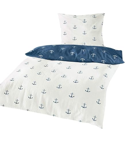 Traumschlaf Seersucker Wendebettwäsche, 100% Baumwolle, Maritim Anker-Motiv Blau/weiß, 155x220 Cm + 80x80 Cm
