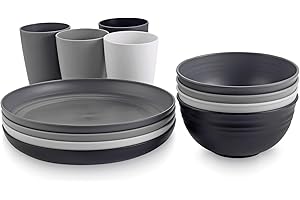 Anbte 12 piezas Vajilla de Camping, Platos y Cuencos de Plástico para Camping, Irrompibles para 4, Reutilizables, Aptos para Microondas y Lavavajillas, para Cocina al Aire Libre, Camping y Picnic