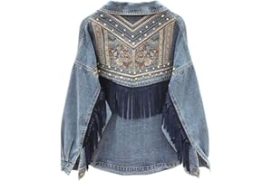 BROLEO Giubbino Jeans Donna,Giacca Di Jeans Da Donna Con Nappe Boho E Ricami Floreali In Camoscio Con Frange Di Jeans Top Su Misura Elasticizzato Con Bottoni Trucker Cappotto Di Jeans Cardigan Jeans Corto