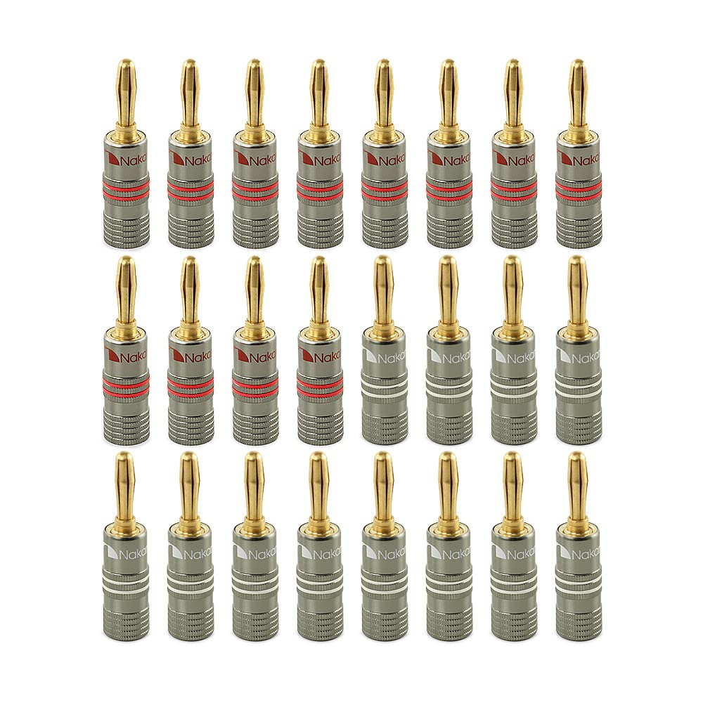 Nakamichi Ultimate Series 24k Gold Plated Beryllium Red Copper Banana Plug 12 AWG - 18 AWG Gauge Size 4mm for Speakers Amplifier Hi-Fi Stereo Receiver Audio Wire Cable Connector 24 Pcs (12-Pairs)
