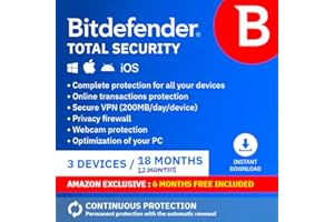 [Amazon Exclusive] Bitdefender Total Security | 3 Devices | 12 + 6 free months with Auto-Renewal | Digital Download