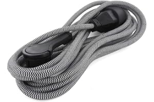 Chacon Textil/förlängningskabel, svart/vit – med svart platt plugg – 3 m schuko