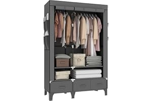 OPPAIYA Canvas Wardrobes, Fabric wardrobe With 2 Hanging Rails, 7 Shelves、8 Side Bags & 3 drawer, 165 * 45 * 109cm Temporary wardrobes, Canvas wardrobes for bedroom, wardrobe with drawers - Gray
