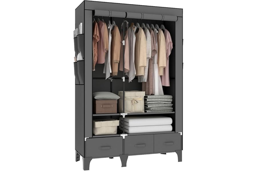 OPPAIYA Heavy Duty Temporary Wardrobe Double, Canvas Fabric Portable Closet with Drawers and 2 Hanging Rails, Large Clothes Storage for Bedroom, Gray