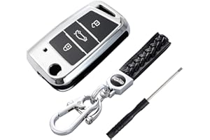 CarBole Etui na kluczyki samochodowe do VW, etui na kluczyki samochodowe, obudowa pilota zdalnego sterowania, z breloczkiem do kluczy do VW Polo, Skoda, Tiguan, MK7, 3 przyciski (srebrne)