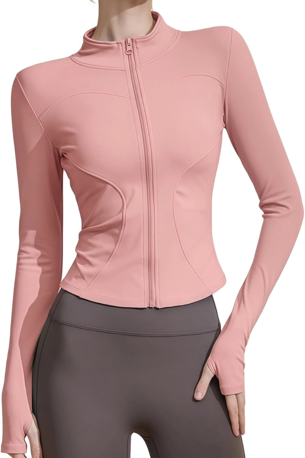 Chaquetas deportivas para mujer, con cremallera, absorben la humedad, de secado rápido, ligeras, de manga larga con agujeros para el pulgar, para yoga, gimnasio, correr