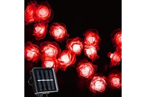 KEEDA solarne łańcuchy świetlne, 20 diod LED, kwiat róży, wodoodporne, dekoracyjne oświetlenie na zewnątrz, patio, do ogrodu, na wesele, przyjęcie, czerwone