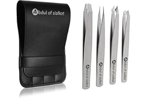 Abdul of Sialkot Eyebrow Tweezer Set for Women & Men Professional Slant and Pointed Tweezers Set with Case Precision Tweezers Kit for Facial Hair, Splinter and Ingrown Hair Removal(Sliver4 piece)