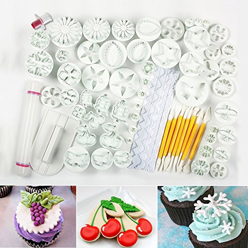 ilauke 69tlg. DIY Ausstecher Ausstechform Modellierwerkzeug Stempel Glätter Fondant Marzipan Tortendeko & Klein Marzipan-Messer Kuchen Cutter mit Kuchen Entkerner (69 teilig) - 2
