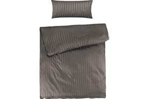 Pure Label Mako Satin Damast Streifen Bettwäsche Taupe 135 x 200 cm mit Kissenbezug 40 x 80 cm aus 100% Baumwolle - Traumhaft weiches Mako Satin Bettwäsche Set in Uni