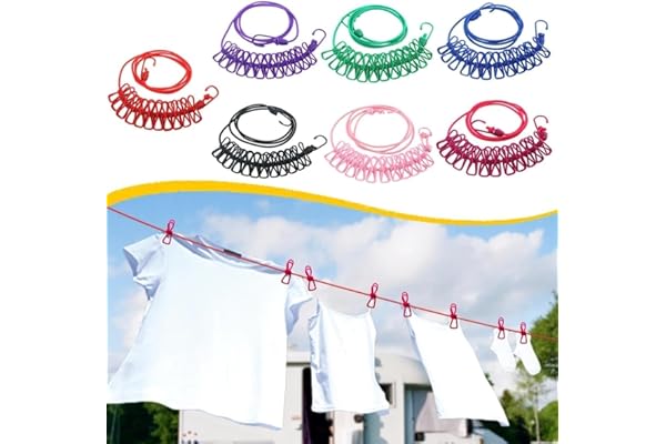 Cloth Drying Rope with Hooks 1-PCS Elastic Cloth Hanging Rope for Cloth Drying with 12 Clips Cloth Rope for Drying Clothes for Travel Home Outdoor Kapde Sukhane ki Rassi Wire -Multicolor (1)