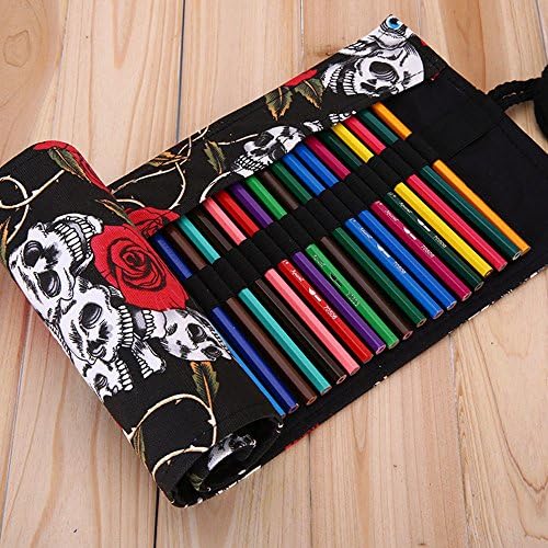 XYTMY Creative Handmade Canvas Pencils Case Pencil Roll Pouch Pencils Wrap Holder, for Pencils, Pens, Eraser, Sharpener, Markers, Crochet Hook or Gadgets (36 Holes, Skull and Rose)
