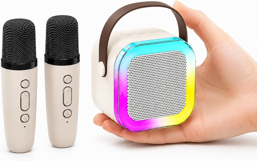 Coverzone Mini Boy Kablosuz Mikrofonlu Karaoke Makinesi Taşınabilir Bluetooth Hoparlör Seti Bas Tiz Ayarlı Hoparlör Yetişkinler ve Çocuklar İçin Hafıza Kartı ve USB 10x10x6cm (Çiftli K12 - Krem)