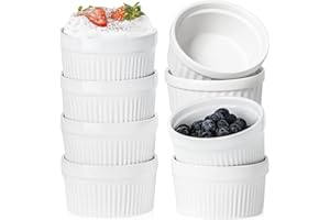 PISTISJACK Lot de 8 ramequins à crème brûlée, 120ml moules à soufflé en porcelaine,à soufflé, passent au four, en céramique pour ragoût, délicieuses viandes assaisonnées, muffins, panna cotta,blanc
