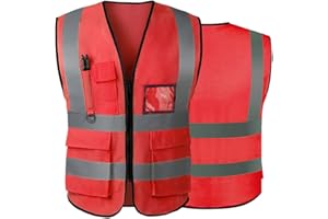 YEVZYDC AKEIVN Gilet ad alta visibilità per donne e uomini gilet di sicurezza riflettente ad alta visibilità con tasche cerniera frontale soddisfa gli standard ANSI/ISEA, Rosso (mesh), L (AKEIVN)