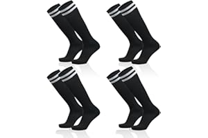 SKHAOVS 4 Paires Chaussettes de Football Enfant, Chaussette Foot Noires pour Garçons Filles, Chaussettes Hautes de Sports Chaussettes D'entraînement Chaussettes de Rugby Basket pour 5 à 12 Ans