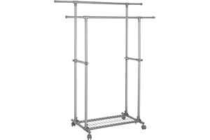 SONGMICS Wieszak na kółkach, wysuwany wieszak z podwójnym drążkiem, wieszak na ubrania, ładowność do 70 kg, (87-150) x 52 x 166 cm, na sukienki, koszule, garnitury, szary LLR13GY
