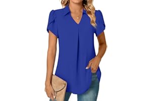 Aodemo Women Summer Dressy Collared V Neck Chiffon Pleated Blouse Short Sleeve Tunic Tops Casual T-Shirts