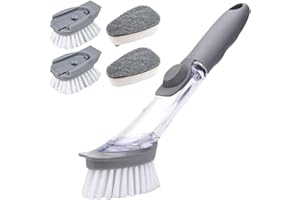 Yuqilin 5 Stück Set Reinigungsbürste, Spülbürste Mit Spülmittelspender, Grau Bürste mit Spülmittel, Kommt mit 4 Austauschbaren Bürstenköpfen, für Pfannen, Besteck, Waschbecken, Wände
