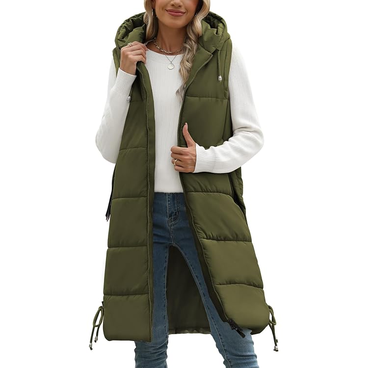 Gefütterte Damenweste Mit Kapuze – Lange Winterweste, Seitlich Geteilt, Aus Polyester, In Größen 36–46