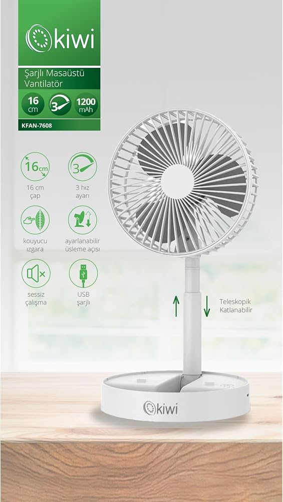 Kiwi Kfan-7608 Şarjlı Beyaz Katlanılabilir Mini Fan Masa Üstü Vantilatörü Usb Soğutucu Sessiz El Fanı