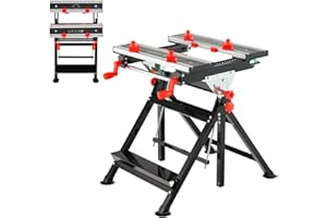 HOMFME Folding Workbench, 7 Level Height Adjustable Workstation Tool Stand with 4 Position Tiltable Platform, 8 Sliding Clamps, Protractor and Ruler, Heavy Duty Metal Work Bench Table Sawhorse (Red)
