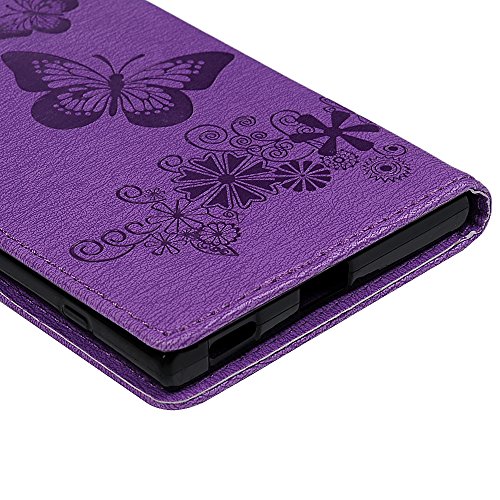 Sony Xperia XA1 Flip Hülle Sony Xperia XA1 Wallet Case YOKIRIN Premium PU Leder Flipcase Brieftasche Book Cover Ledercase Handyhülle Folio Schutzhülle Handytasche Handyschale [Standfunktion Kredit Kartenfächer Magnetverschluss] Groß Schmetterling Lila - 4